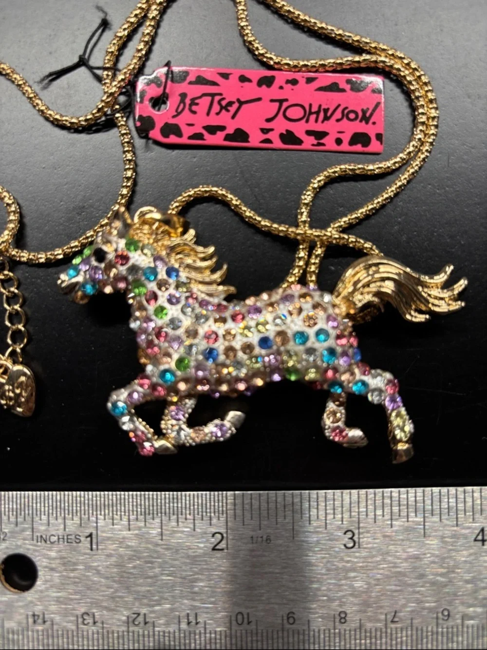 Betsey Johnson Horse Necklace Gold Multicolor Rhinestone Statement Pendant